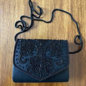 Beaded black satin evening bag